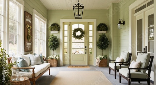 Relaxed entryways with soft welcoming colors casual seating and simple decor