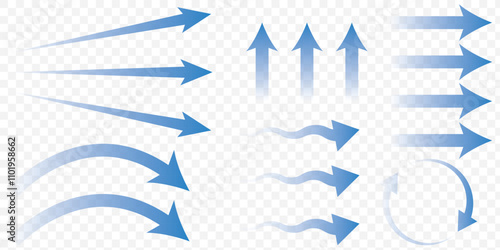 Set of blue arrow showing wind air flow isolated on white background, air direction signs - stock vector. Wind flow arrow direction. Air conditioner air flow direction set transparent background.