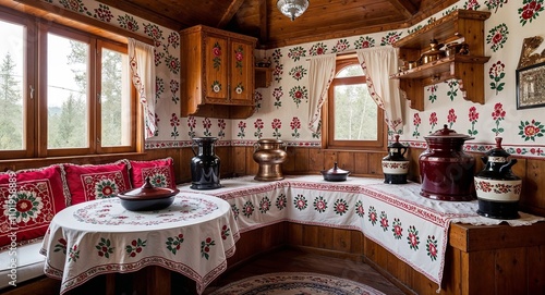 Russian dacha interiors with floral patterns embroidered textiles and samovars