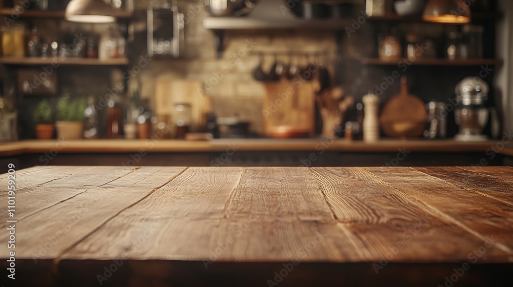 Wooden Desk Space with Kitchen Elements in Soft Focus Background Wooden Desk Space with Kitchen Elements in Soft Focus Background