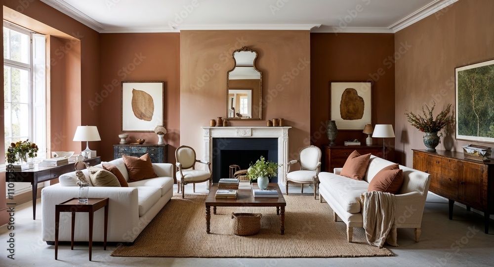 Soft earthy tones paired with a blend of modern and antique furniture for a collected look Soft earthy tones paired with a blend of modern and antique furniture for a collected look