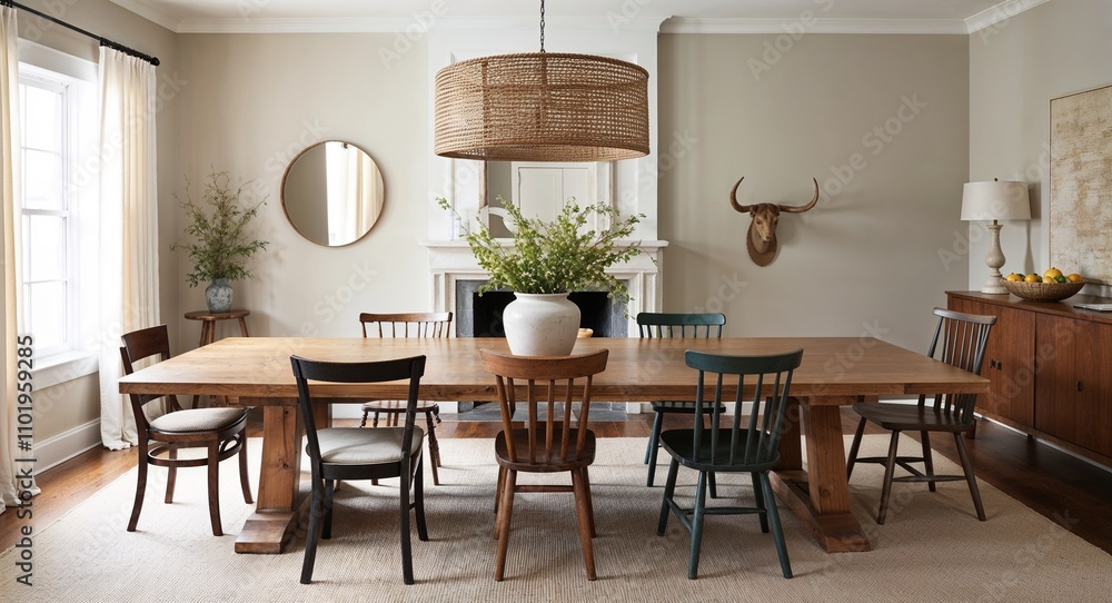 Soft casual dining rooms with large wooden tables mismatched chairs and neutral colors Soft casual dining rooms with large wooden tables mismatched chairs and neutral colors