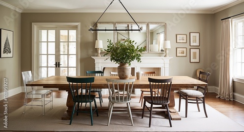 Soft casual dining rooms with large wooden tables mismatched chairs and neutral colors