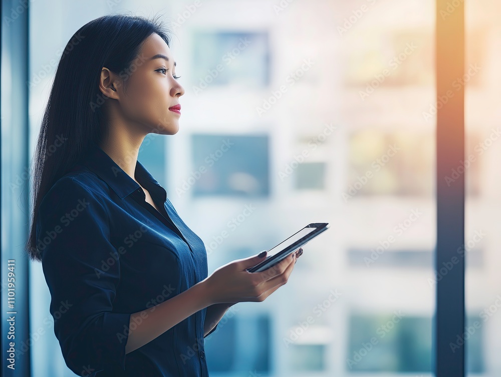 Young Asian businesswoman with tablet in modern office. Professional company manager using smart corporate management technology looking at copy space Young Asian businesswoman with tablet in modern office. Professional company manager using smart corporate management technology looking at copy space