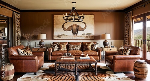 South African safari inspired interiors with leather furnishings animal prints and earthy tones photo