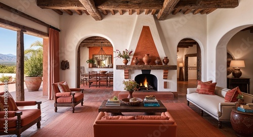 South American hacienda inspired spaces with terra cotta accents and rustic wooden beams photo