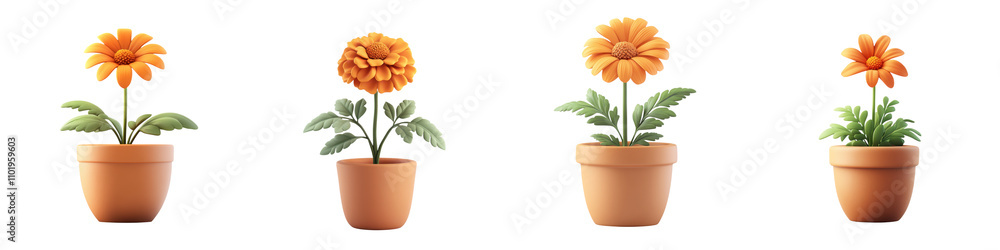 Set Four potted flowers with vibrant orange blooms Set Four potted flowers with vibrant orange blooms