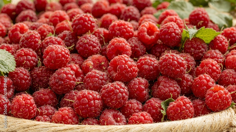 Freshly picked ripe raspberries in a wooden basket Freshly picked ripe raspberries in a wooden basket