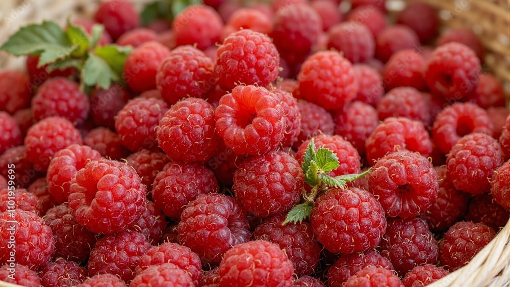 Freshly picked ripe raspberries in a wooden basket Freshly picked ripe raspberries in a wooden basket