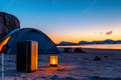 A portable power station powered by lithium iron phosphate batteries, depicted outdoors during a camping trip.