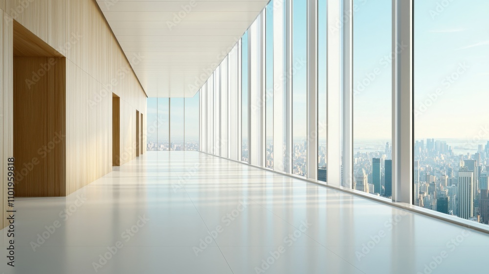 A large, empty room with a view of the city A large, empty room with a view of the city