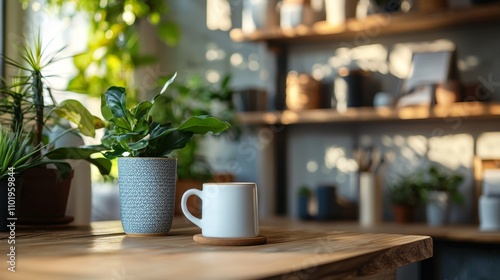 Cozy wooden table with coffee mug and plants in sunlight photo