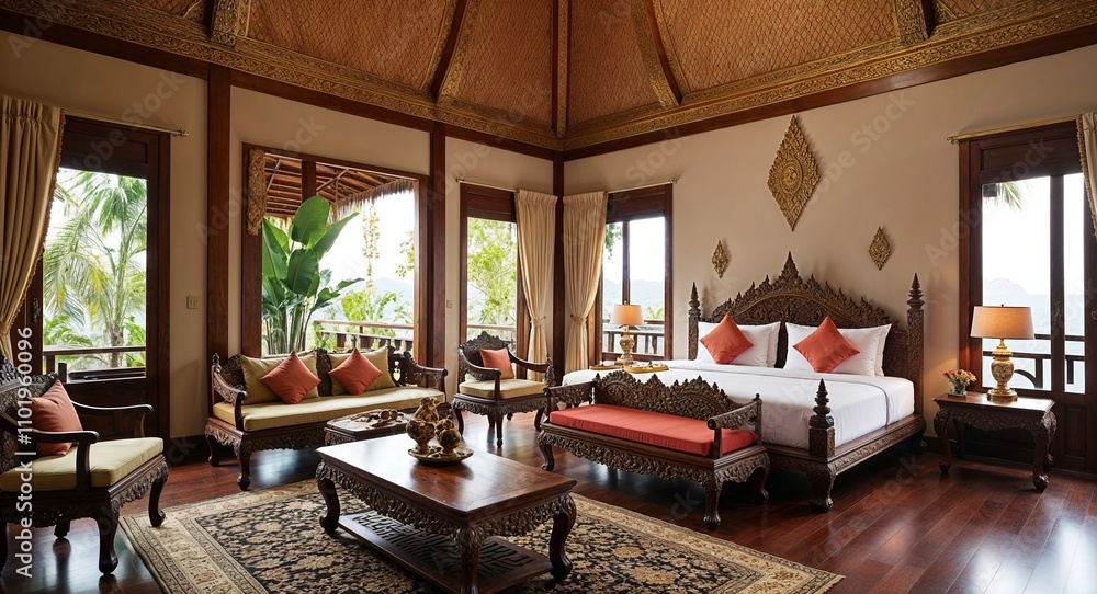 Thai style rooms with carved teak wood furniture and golden decorative elements Thai style rooms with carved teak wood furniture and golden decorative elements