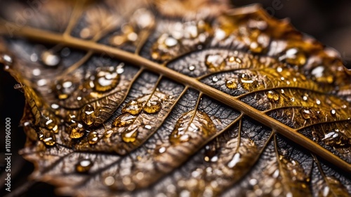 Closeup view of autumn leaf with water drops. Macro shot. photo