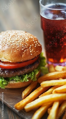 Close-up of a Juicy Burger with Fries and Soda