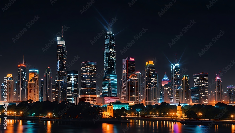 Obraz premium Nighttime Skyline of Modern City with Illuminated Buildings