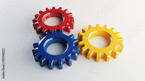 Glossy 3D gears in red, yellow, and blue, arranged neatly on a white background