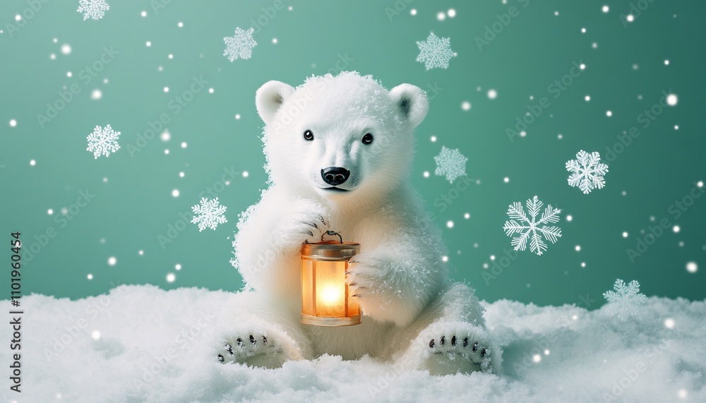 Fototapeta premium A baby polar bear playfully surrounded by snowflakes captures the essence of holiday cheer in a cute animal in Christmas scene.
