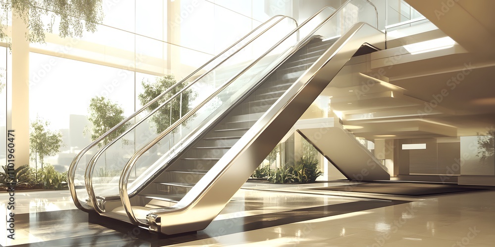 Fototapeta premium A modern escalator in a bright, spacious interior with greenery and natural light.