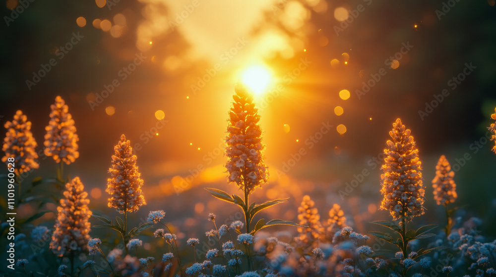 Golden wildflowers illuminated by magical sunrise in a tranquil meadow Golden wildflowers illuminated by magical sunrise in a tranquil meadow