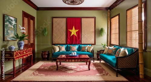 Vietnamese inspired spaces with lacquered furniture silk cushions and bamboo accents photo