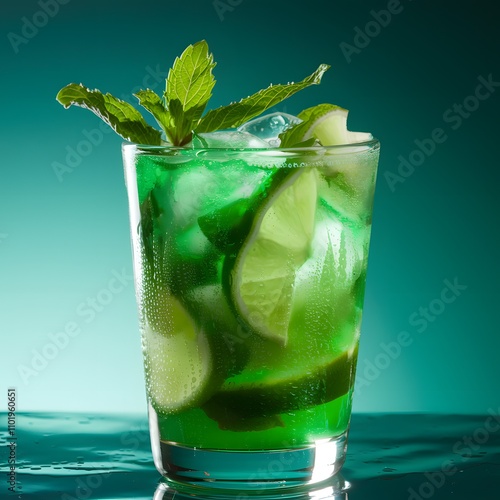 A refreshing mojito cocktail in a short glass with fresh mint leaves and lime	 photo