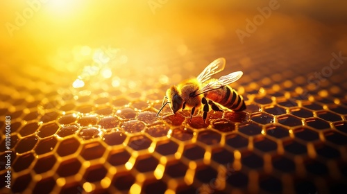 Golden honeycomb and bee wallpaper, detailed hexagonal patterns and honey glow photo