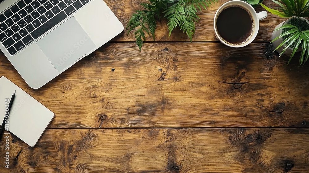 Cozy Workspace Setup with Laptop, Coffee Cup, Notebook, and Green Plants on Rustic Wooden Table Highlighting a Productive and Inviting Atmosphere for Remote Work Cozy Workspace Setup with Laptop, Coffee Cup, Notebook, and Green Plants on Rustic Wooden Table Highlighting a Productive and Inviting Atmosphere for Remote Work