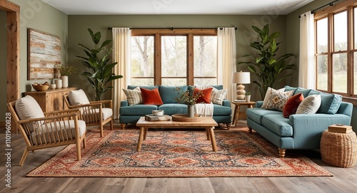 Warm inviting spaces with patterned rugs casual seating and natural wood accents