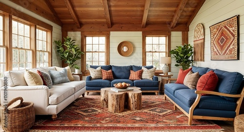 Warm inviting spaces with patterned rugs casual seating and natural wood accents