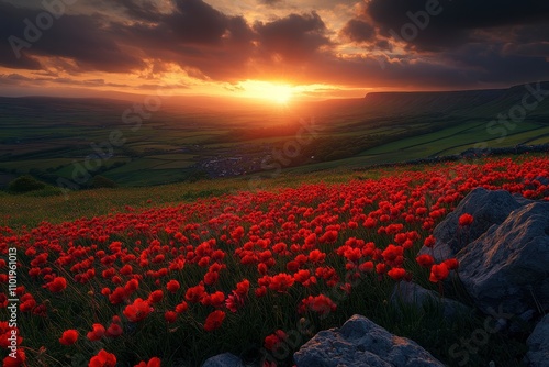 A breathtaking sunset over a vibrant field of red flowers, with rolling hills and rocky outcrops creating a picturesque landscape, Perfect for nature themes or travel promotion, photo