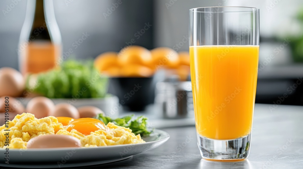 This image showcases a delicious breakfast with a plate of scrambled eggs, greens, and a refreshing glass of orange juice, inviting a healthy start to the day. This image showcases a delicious breakfast with a plate of scrambled eggs, greens, and a refreshing glass of orange juice, inviting a healthy start to the day.