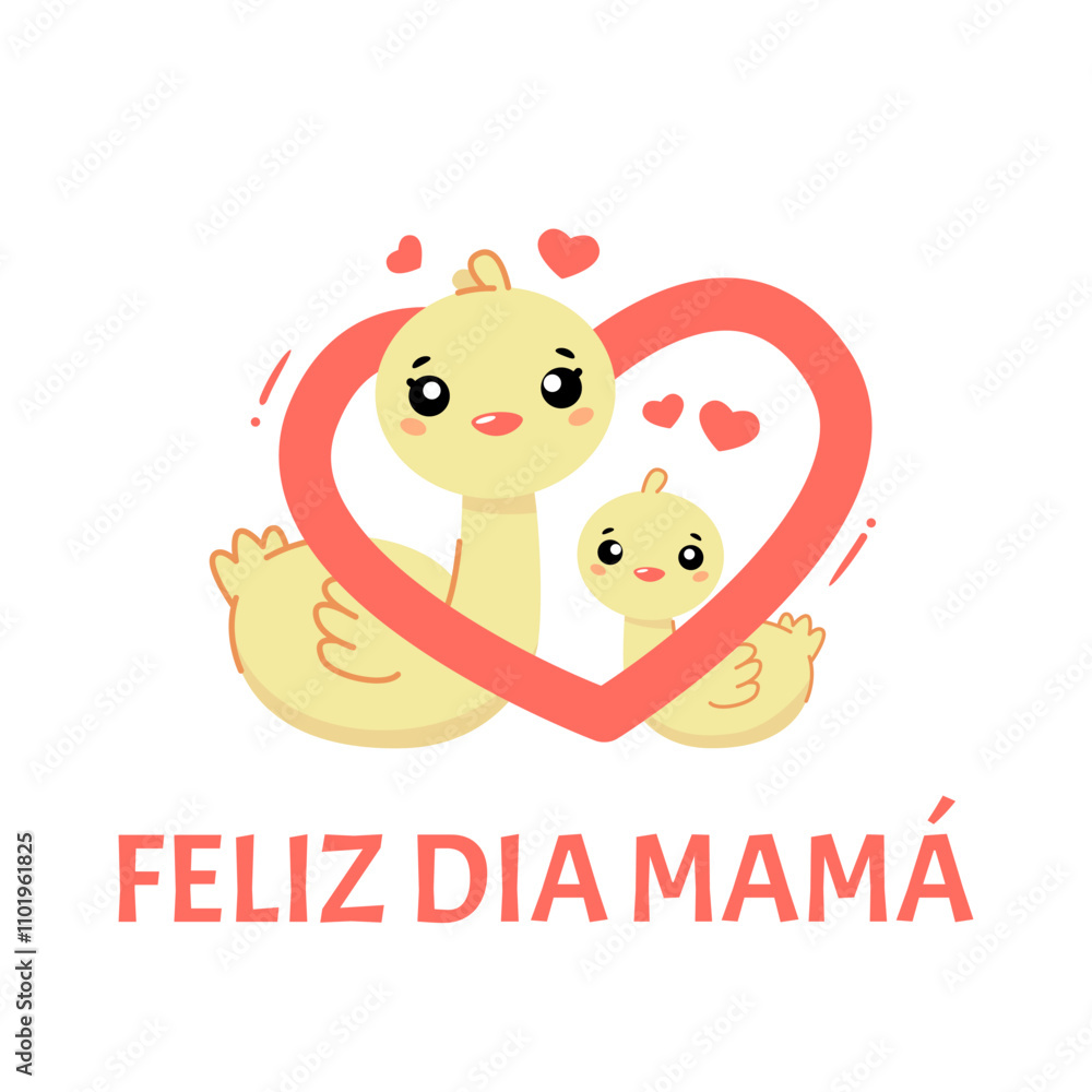 Fototapeta premium Feliz dia mama. spanish mothers day. text and cute duck illustration on white background