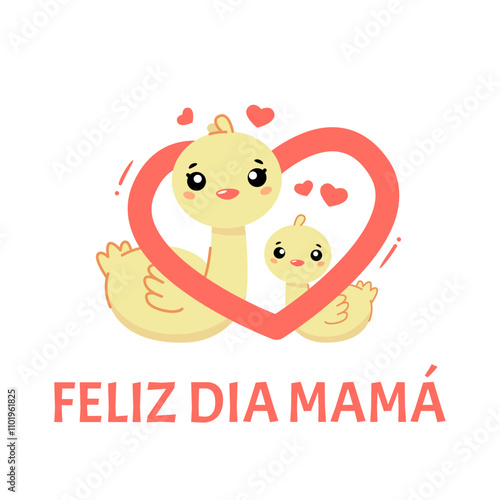 Feliz dia mama. spanish mothers day. text and cute duck illustration on white background