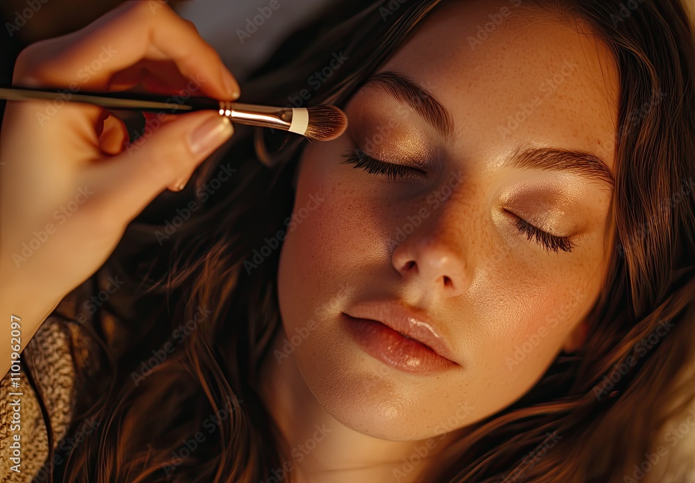 A beautiful woman is applying eye shadow to her eyelids, a close-up of her face with long hair and brown eyes A beautiful woman is applying eye shadow to her eyelids, a close-up of her face with long hair and brown eyes