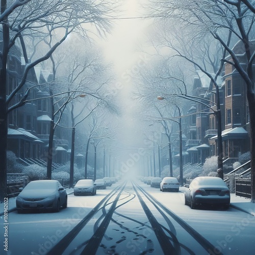 A quiet street with snow gently falling car tracks the only dist photo