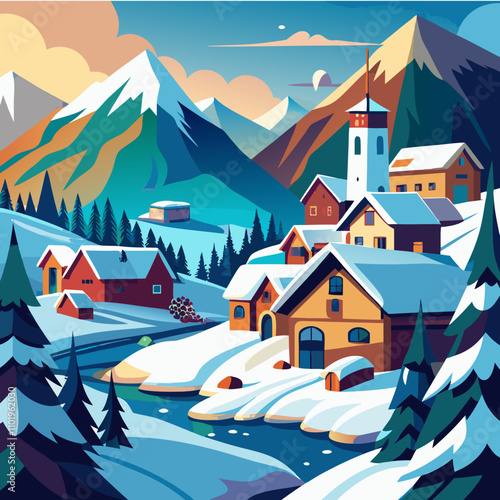 Snowy village in mountains