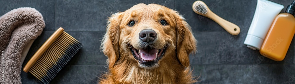 A cheerful golden retriever surrounded by grooming tools, showcasing the joy of pet care and companionship. A cheerful golden retriever surrounded by grooming tools, showcasing the joy of pet care and companionship.
