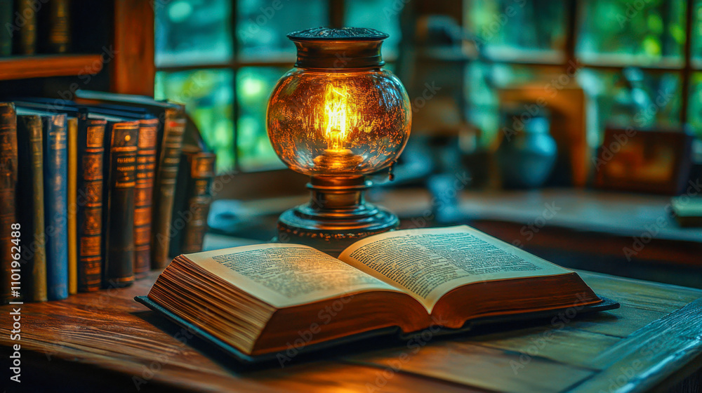 Open book illuminated by antique lamp in a cozy study room at night Open book illuminated by antique lamp in a cozy study room at night