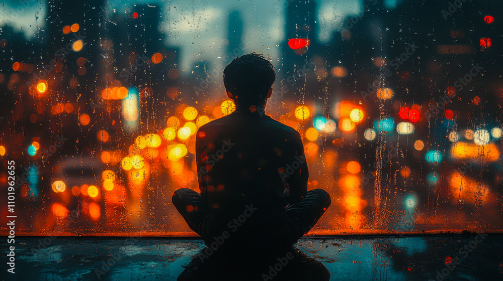 Pensive person sitting indoors at night, gazing at rainy city lights through window Pensive person sitting indoors at night, gazing at rainy city lights through window