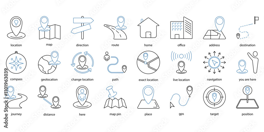 Naklejka premium Location icons set. Set of editable stroke icons.Set of Location
