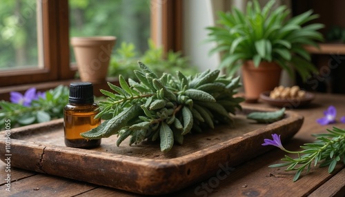 Fresh sage leaves arranged on a rustic wooden tray with a small amber bottle, surrounded by green plants and natural light from a window.