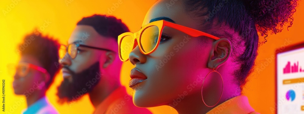 Obraz premium A woman wearing orange glasses is looking at a screen