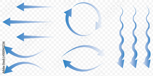 Set of blue arrow showing wind air flow isolated on white background, air direction signs. eps 10.