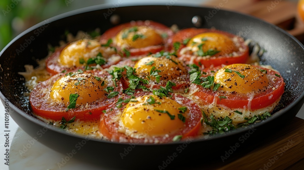 Six fried eggs baked on sliced tomatoes in a skillet, seasoned with herbs and cheese. Six fried eggs baked on sliced tomatoes in a skillet, seasoned with herbs and cheese.