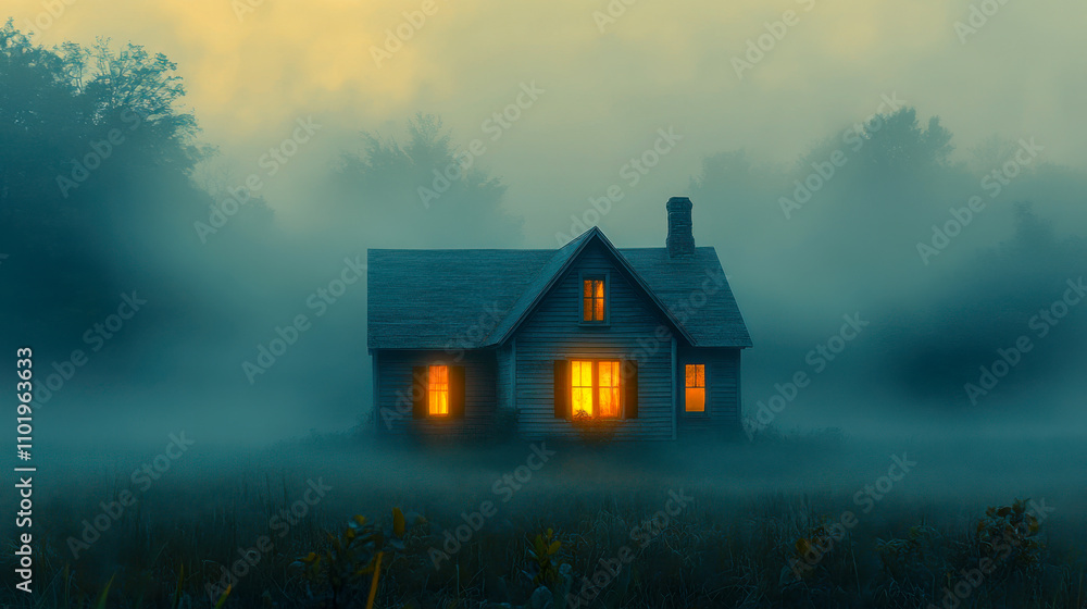 Quiet rural house with glowing windows surrounded by misty forest at dusk Quiet rural house with glowing windows surrounded by misty forest at dusk