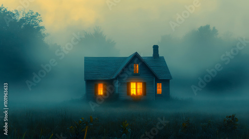 Quiet rural house with glowing windows surrounded by misty forest at dusk