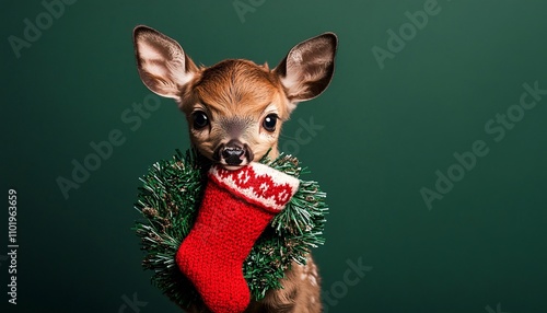 Adorable baby deer with a tiny Christmas stocking captures the essence of festive cheer in this charming holiday scene featuring a cute animal in Christmas spirit.