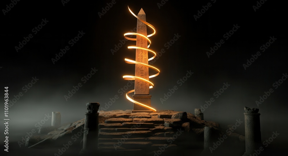 Obraz premium Mysterious ancient sword wrapped in glowing runes amidst fog