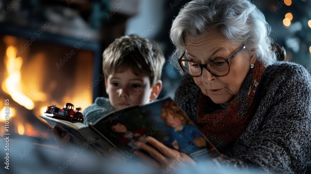 In a cozy room by a glowing fireplace, an elder woman reads a story to a young boy, creating a serene and educational moment of family bonding and warmth. In a cozy room by a glowing fireplace, an elder woman reads a story to a young boy, creating a serene and educational moment of family bonding and warmth.